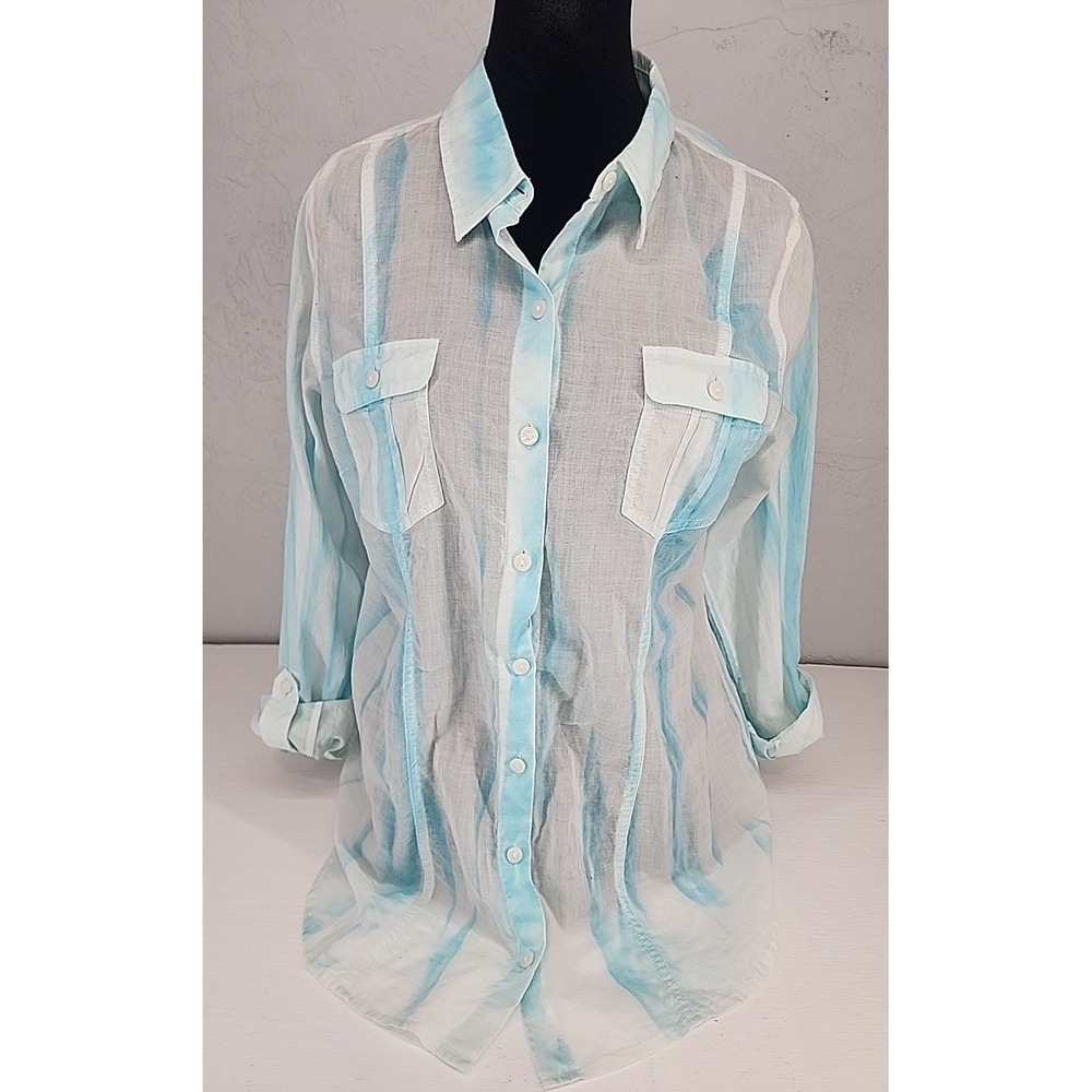 Christopher & Banksβ White Blue Tie Dye Button Down Roll Tab Shirt Women Medium